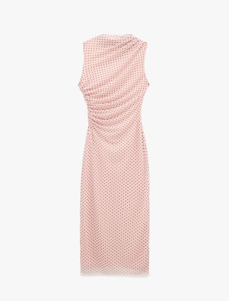 Drapeli Slim Fit Kolsuz Bisiklet Yaka Puantiyeli Uzun Elbise