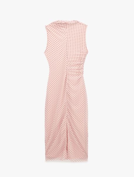 Drapeli Slim Fit Kolsuz Bisiklet Yaka Puantiyeli Uzun Elbise