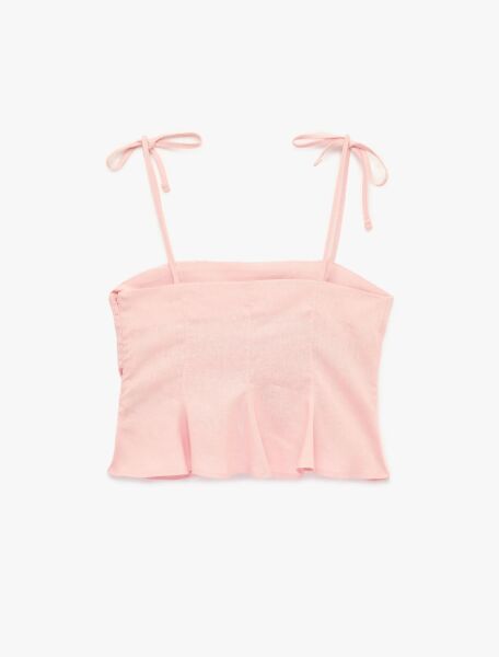 Slim Fit Hafif Peplum Kesim Pileli İp Askılı Crop Keten Bluz