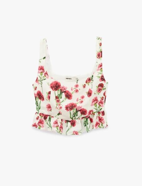Viskon Kumaş Slim Fit Kare Yaka Kalın Askılı Çiçekli Crop Bluz