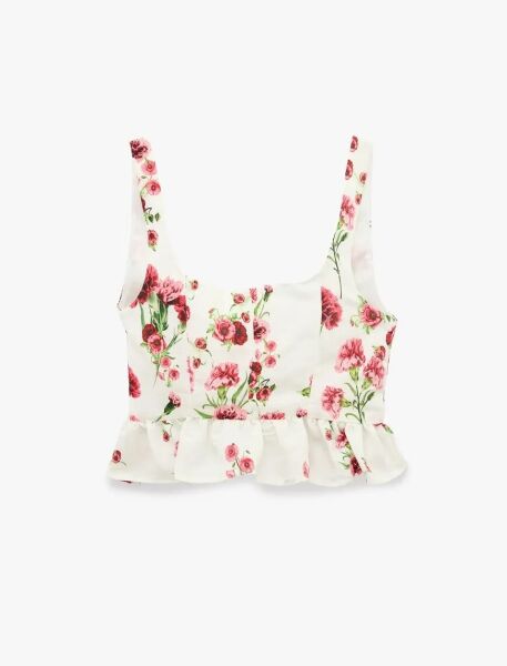 Viskon Kumaş Slim Fit Kare Yaka Kalın Askılı Çiçekli Crop Bluz