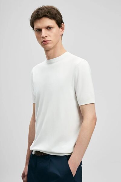 LUFİAN Tino Erkek Modal Karışımlı Yarım Kollu Kazak 111090156 M - KIRIK BEYAZ