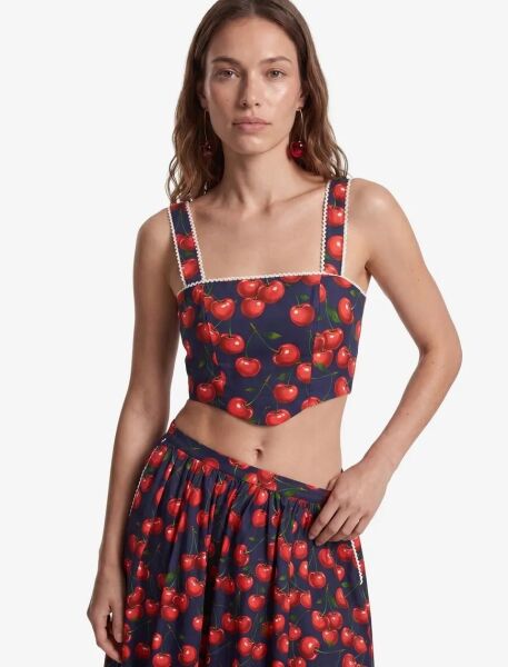 Koton X Sibil Çetinkaya - Pamuklu Poplin Dantel Detaylı Kiraz Baskılı Askılı Crop Büstiyer