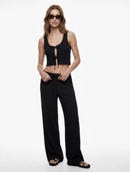 Bürümcük Kumaş Beli Bağcıklı Düz Geniş Paça Pantolon