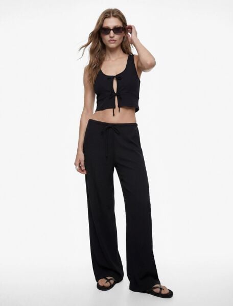 Bürümcük Kumaş Beli Bağcıklı Düz Geniş Paça Pantolon