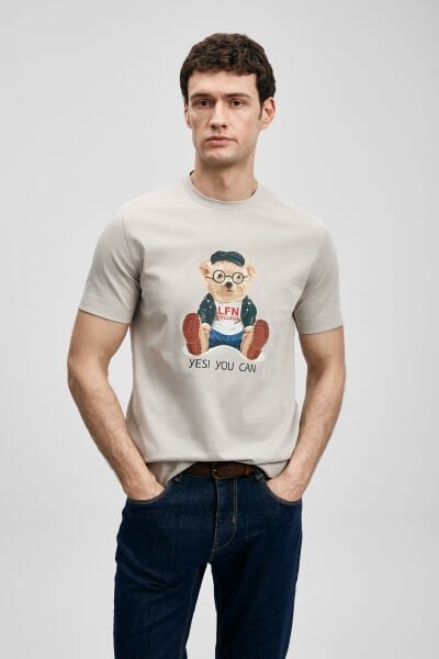 LUFİAN Teddy Modern Grafik T- Shirt 111020305 XXL - Taş