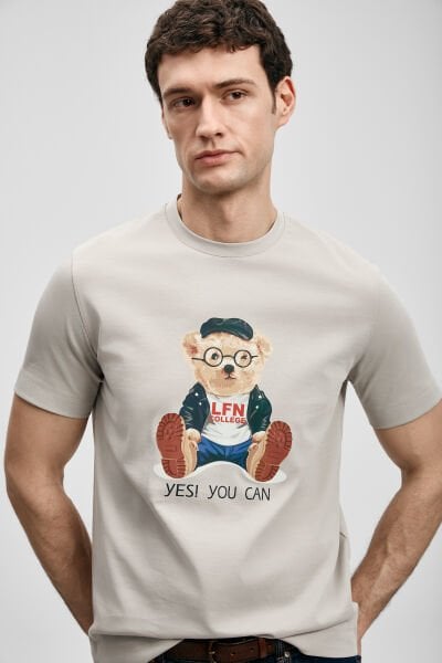 LUFİAN Teddy Modern Grafik T- Shirt 111020305 XXL - Taş