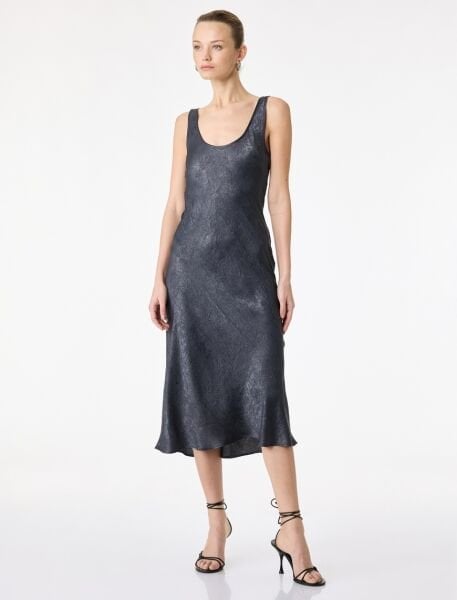 Koton Kadın Antrasit Kolsuz U Yaka Slim Fit Saten Midi Abiye Elbise 6SAK80115UW Beyaz - 36