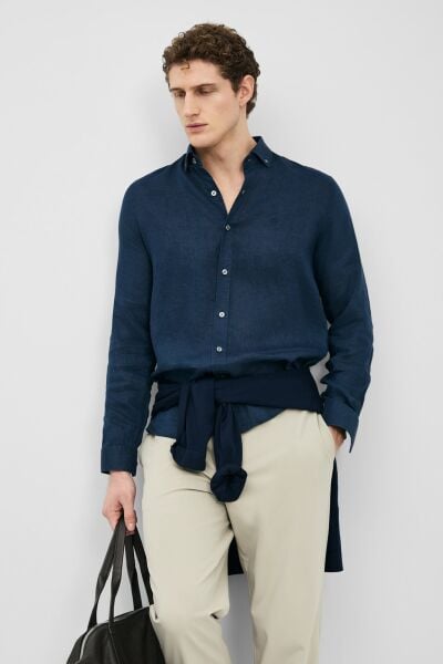Lufian Pitaya Erkek Keten Gömlek Comfort Fit 111010654 Lacivert - 4XL