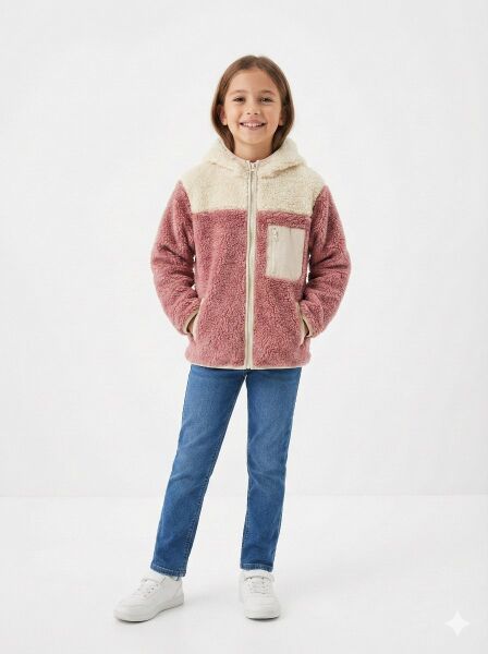 Gamp Unisex Çocuk Kapüşonlu Fermuarlı Cepli Yumuşak Peluş Mont Polar Ceket