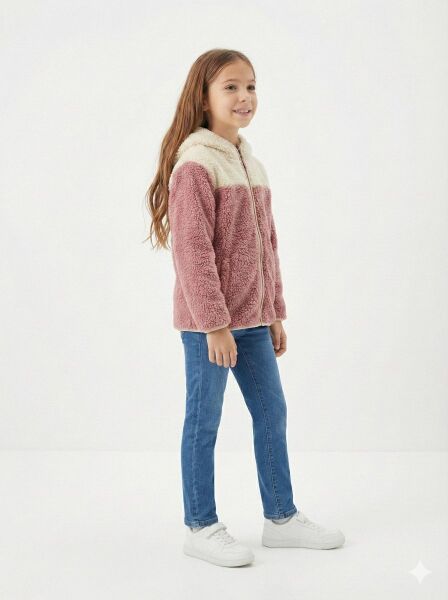 Gamp Unisex Çocuk Kapüşonlu Fermuarlı Cepli Yumuşak Peluş Mont Polar Ceket Kiremit - 8-9