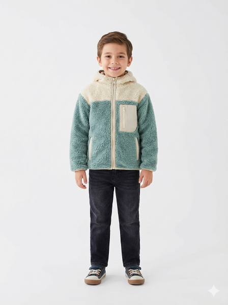 Gamp Unisex Çocuk Kapüşonlu Fermuarlı Cepli Yumuşak Peluş Mont Polar Ceket