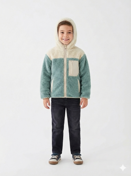 Gamp Unisex Çocuk Kapüşonlu Fermuarlı Cepli Yumuşak Peluş Mont Polar Ceket Kiremit - 8-9