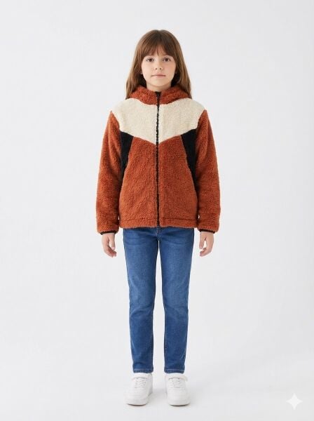 Gamp Unisex Çocuk Kapüşonlu Fermuarlı Cepli Yumuşak Peluş Mont Polar Ceket Kiremit - 8-9