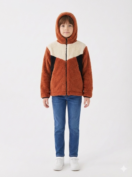 Gamp Unisex Çocuk Kapüşonlu Fermuarlı Cepli Yumuşak Peluş Mont Polar Ceket Kiremit - 8-9