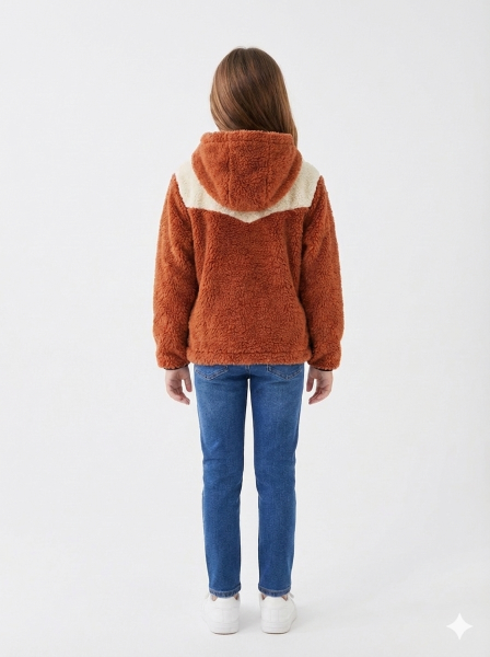 Gamp Unisex Çocuk Kapüşonlu Fermuarlı Cepli Yumuşak Peluş Mont Polar Ceket Kiremit - 8-9