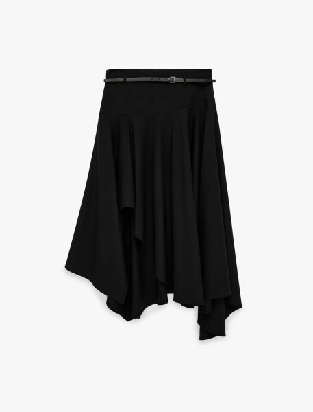 Koton Yüksek Bel Asimetrik Kesim Kemer Detaylı Kloş Midi Etek 6SAK70132UW Siyah - 42