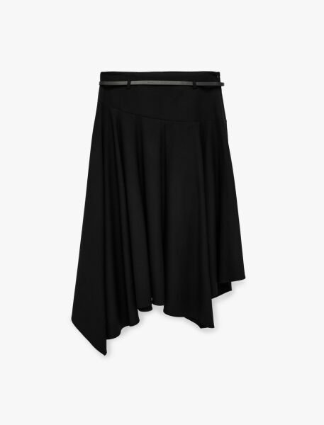 Koton Yüksek Bel Asimetrik Kesim Kemer Detaylı Kloş Midi Etek 6SAK70132UW Siyah - 42