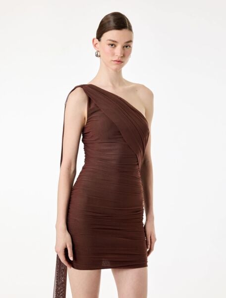 Slim Fit Drapeli Tek Omuz Mini Bodycon Elbise