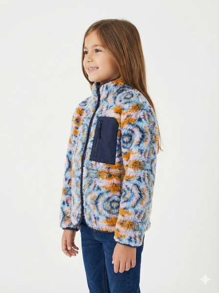 Gamp Kız Çocuk Batik Desenli Fermuarlı Cepli Yumuşak Peluş Mont Renkli - 8-9