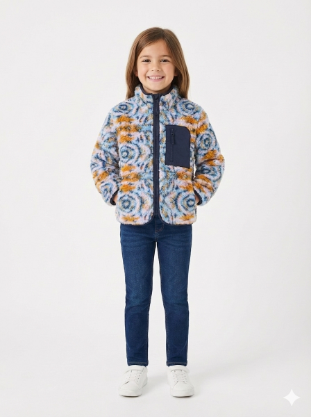 Gamp Kız Çocuk Batik Desenli Fermuarlı Cepli Yumuşak Peluş Mont Renkli - 8-9