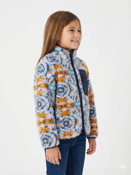 Gamp Kız Çocuk Batik Desenli Fermuarlı Cepli Yumuşak Peluş Mont Renkli - 8-9