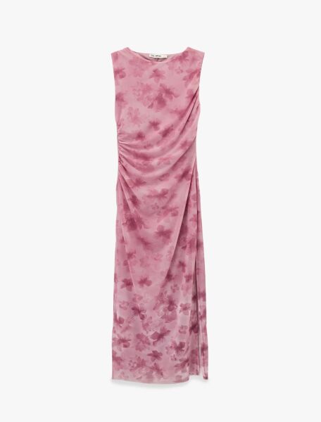 Dik Yaka Kolsuz Drapeli Bodycon Yırtmaçlı Çiçekli Uzun Tül Elbise