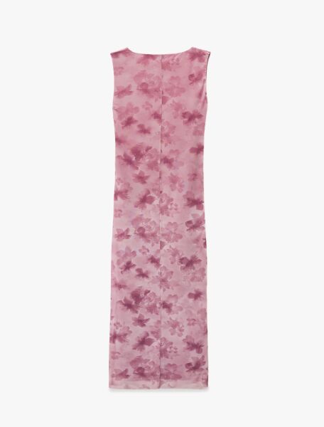 Dik Yaka Kolsuz Drapeli Bodycon Yırtmaçlı Çiçekli Uzun Tül Elbise