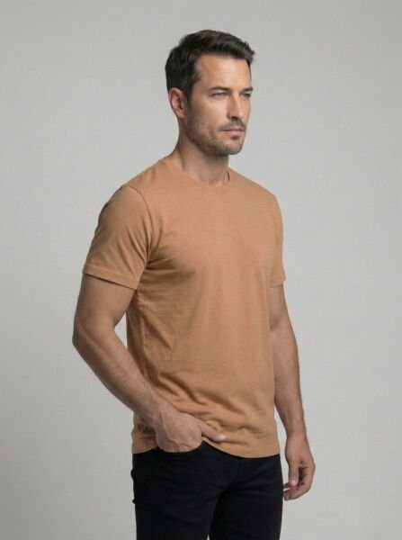 Premium Pamuklu Tişört Bisiklet Yaka Standart Rahat Kalıp (Regular Fit) Erkek/Kadın/Unisex Kahverengi - XL