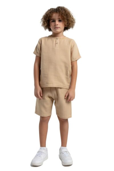 Rolypoly Erkek Çocuk Bermuda Takım Müslin Dokuma Kumaş Bej - 7-8