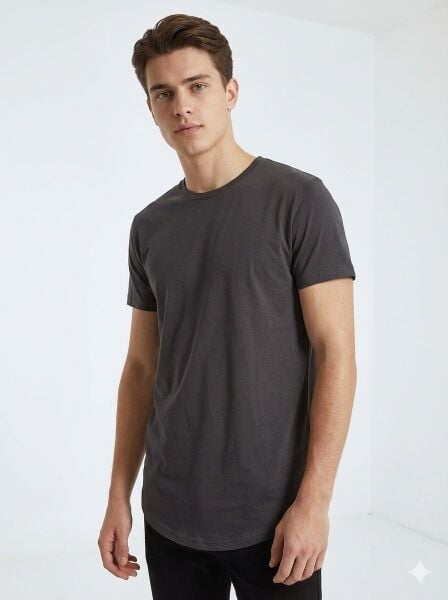 Erkek Oval Kesim (Longline) Basic T-Shirt Siyah - S