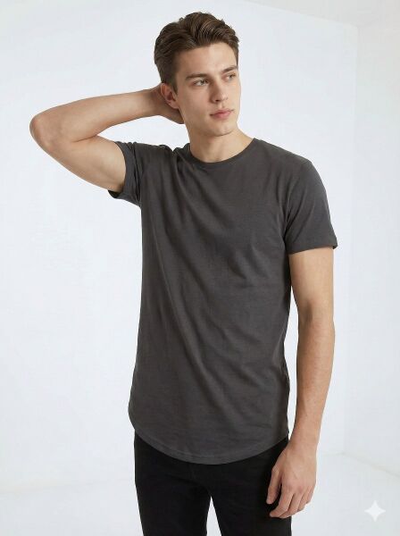 Erkek Oval Kesim (Longline) Basic T-Shirt Siyah - S