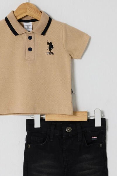 U.S. Polo Erkek Bebek 2Li  Pike T-Shırt Takım Pike Dokuma Kumaş Bej - 18-24 Ay