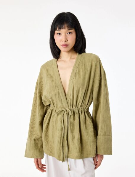 Pamuklu Uzun Kollu Beli Bağlamalı Müslin Kimono