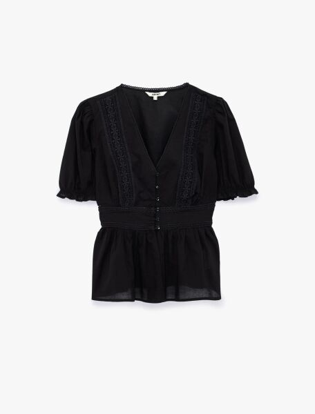 Pamuklu Slim Fit V Yaka Dantelli Kısa Balon Kollu Bluz