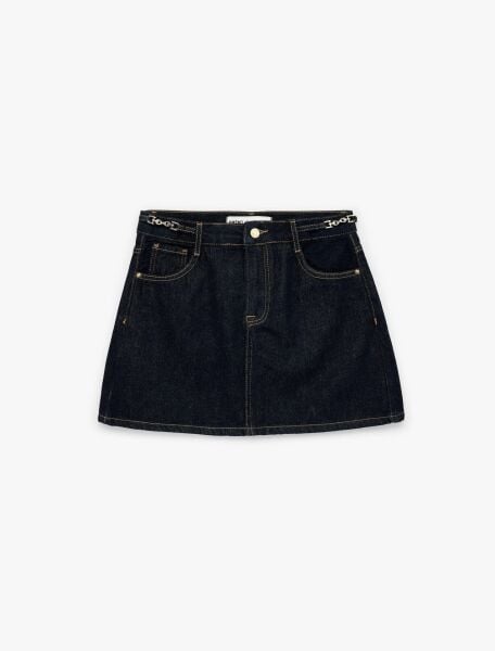 A Kesim Zincir Kemer Detaylı Mini Denim Etek