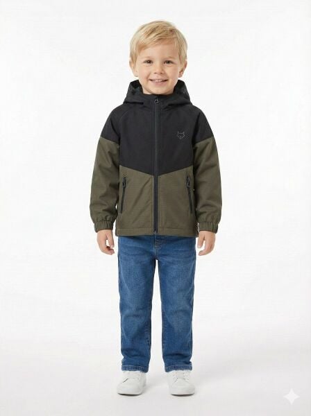 Gamp Erkek Çocuk Kapüşonlu Renk Bloklu Mevsimlik Rüzgarlık Mont Yağmurluk Haki - 8-9