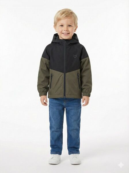 Gamp Erkek Çocuk Kapüşonlu Renk Bloklu Mevsimlik Rüzgarlık Mont Yağmurluk Haki - 8-9