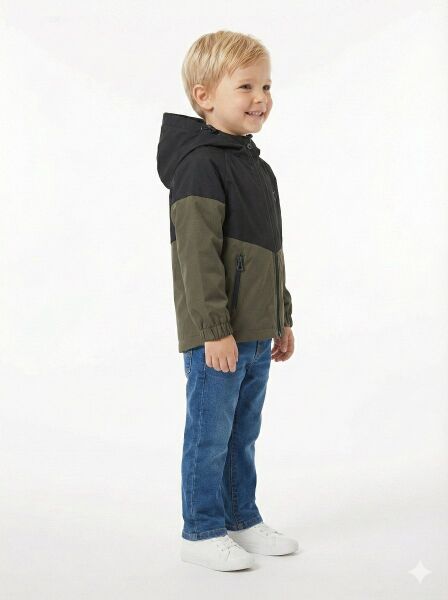 Gamp Erkek Çocuk Kapüşonlu Renk Bloklu Mevsimlik Rüzgarlık Mont Yağmurluk Haki - 8-9