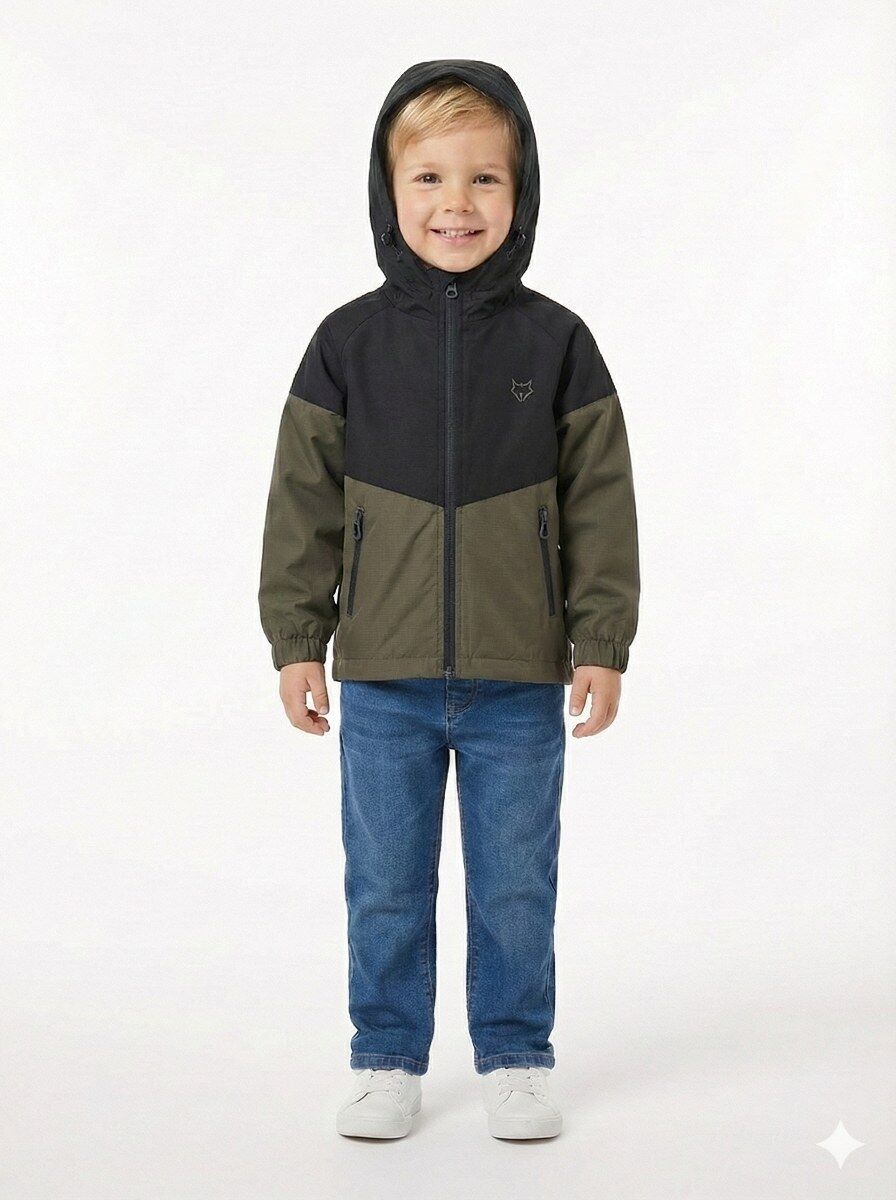 Gamp Erkek Çocuk Kapüşonlu Renk Bloklu Mevsimlik Rüzgarlık Mont Yağmurluk Haki - 8-9