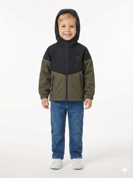 Gamp Erkek Çocuk Kapüşonlu Renk Bloklu Mevsimlik Rüzgarlık Mont Yağmurluk Haki - 8-9