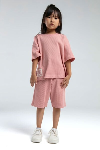 Rolypoly Kız Çocuk Bermuda Takım Waffle Örme Kumaş Pembe - 7-8