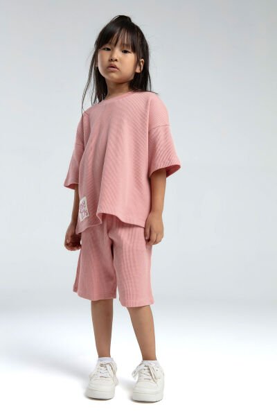 Rolypoly Kız Çocuk Bermuda Takım Waffle Örme Kumaş Pembe - 7-8