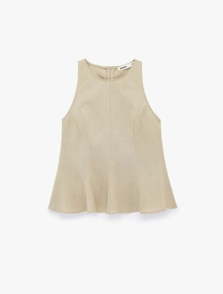 Bisiklet Yaka Kolsuz Peplum Keten Bluz