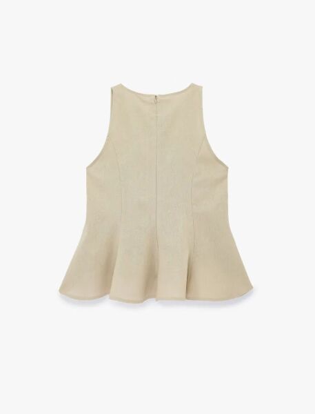 Bisiklet Yaka Kolsuz Peplum Keten Bluz