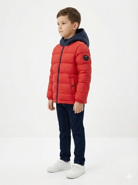 Erkek Çocuk Kırmızı Kapüşonlu İçi Dolgulu Kışlık Şişme Mont Kırmızı - 9